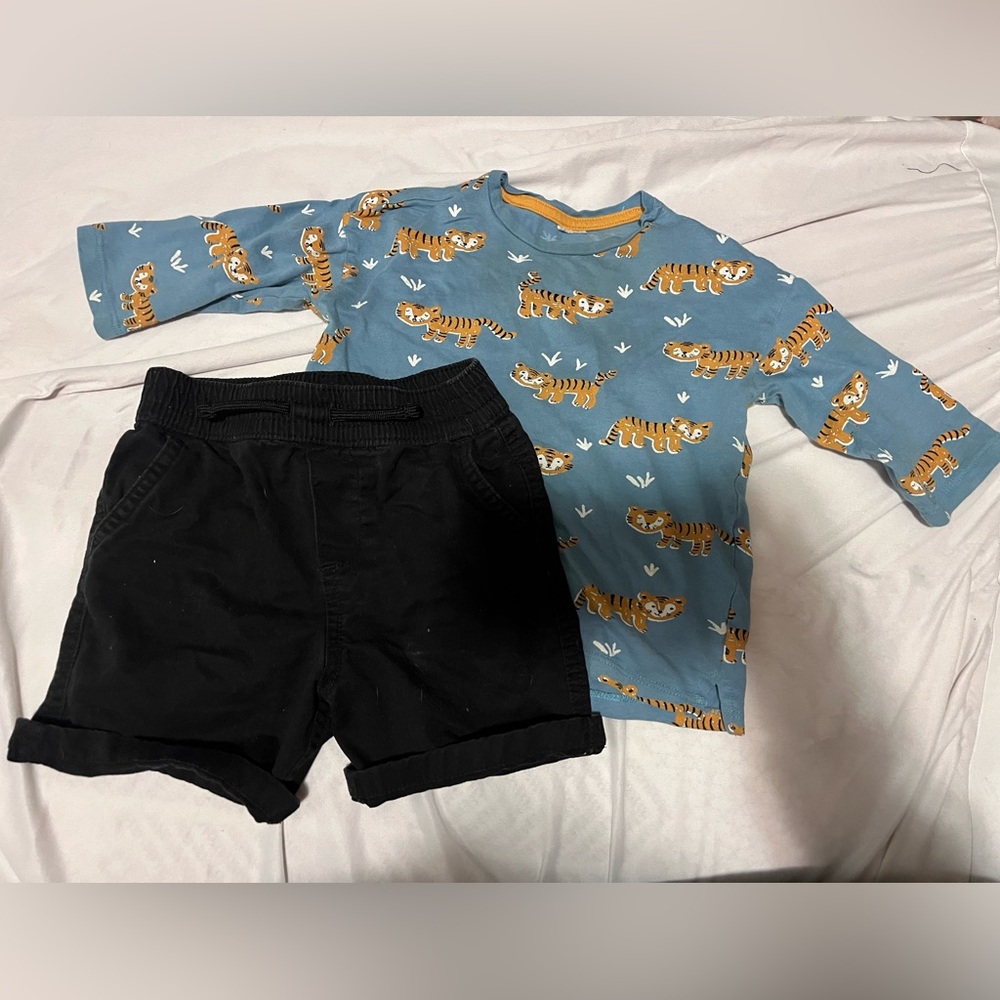 Blue Tiger Print Shirt and Black Shorts Set